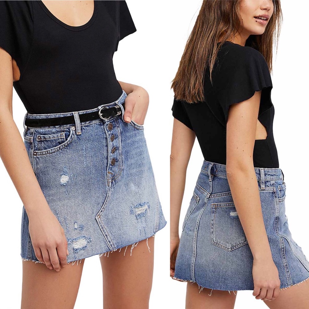 Free People We The Free A-Line Blue Distressed Denim Skirt